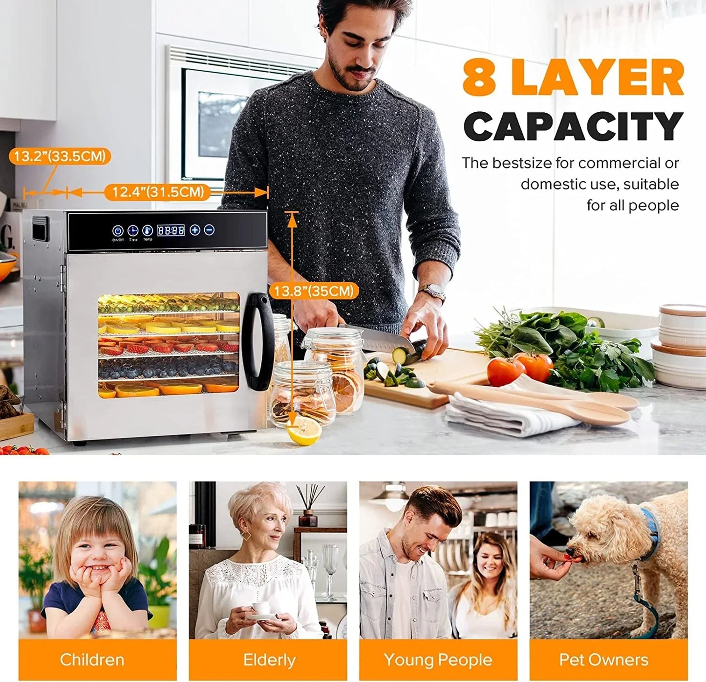 Tray Food Dehydrator, Steel Fruit Dry Machine with 30 90∼C Adjustable Thermostat, 24hr Digital Timer