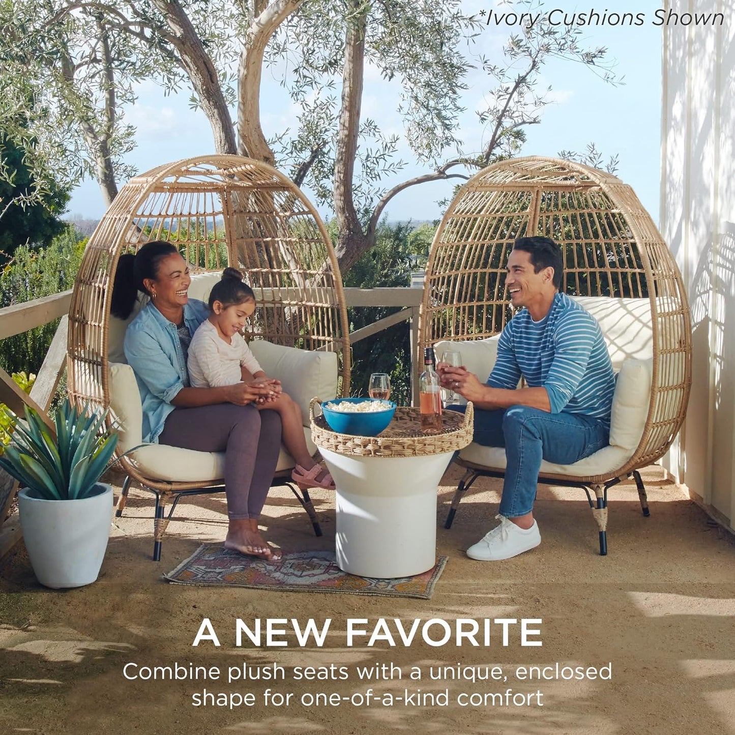 Ivory Wicker Egg Chair, Oversized Indoor Lounger, 440lb Capacity, Bohemian Style, Steel Frame, Cushions Included