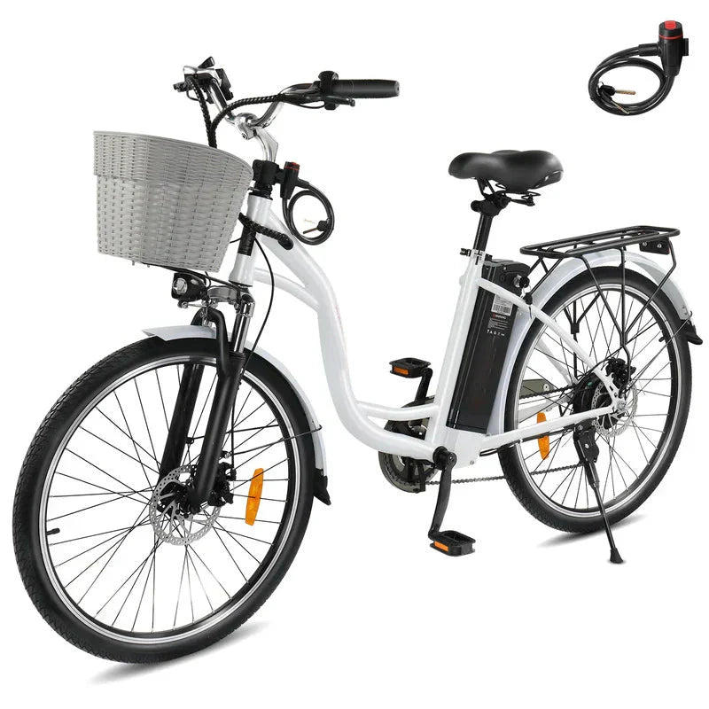 350W Electric Commuter Bike for Adults, 26′′ Cruiser Ebike with 36V 12.5AH Removable Battery, Shimano 6-Speed, Dual Shock Absorber, Basket