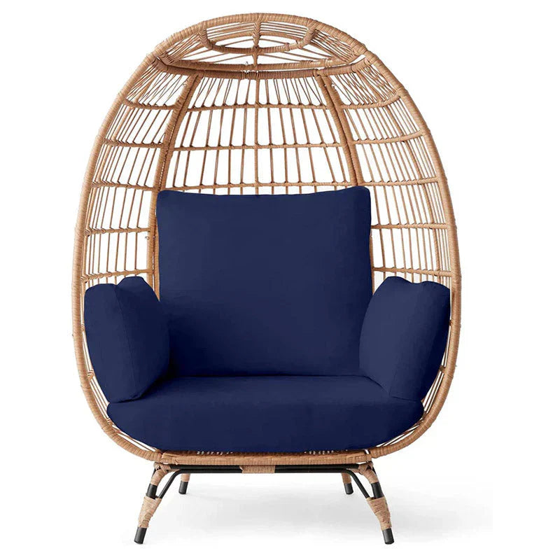 Ivory Wicker Egg Chair, Oversized Indoor Lounger, 440lb Capacity, Bohemian Style, Steel Frame, Cushions Included
