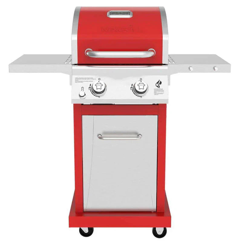 2-Burner Propane Gas Grill, Red – Stainless Steel, 28,000 BTUs, Compact Design