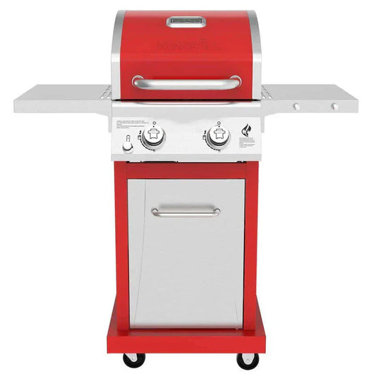 2-Burner Propane Gas Grill, Red – Stainless Steel, 28,000 BTUs, Compact Design