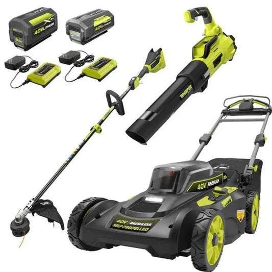 40V Brushless 20 in. Walk Behind Self Propelled Mower String Trimmer Leaf Blower with (2) Batteries and (2) Chargers