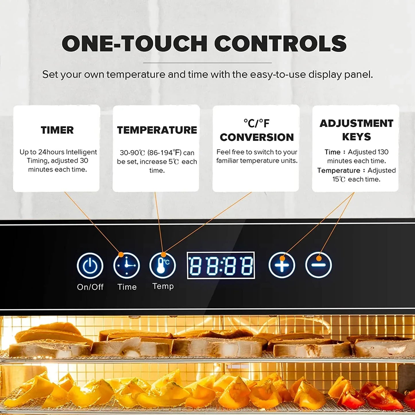 Tray Food Dehydrator, Steel Fruit Dry Machine with 30 90∼C Adjustable Thermostat, 24hr Digital Timer