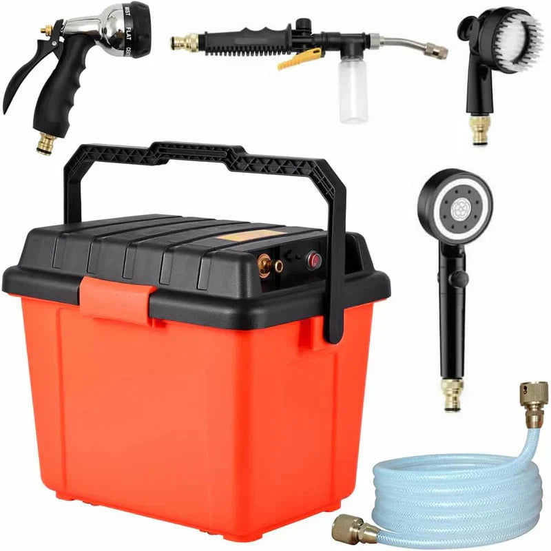 Portable Outdoor Shower System, 6.6-Gallon, High Pressure, Battery Powered, 12000mAh, with Pump & Garden Hose Nozzles, Ideal for Camping