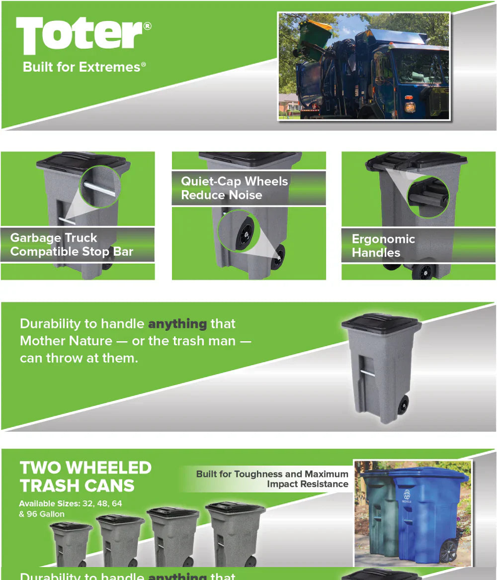 32 Gallon Trash Can, Greenstone, Quiet Wheels, Attached Lid, Durable Recycling Bin