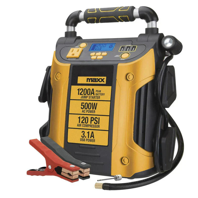 J5CPDE Jump Starter, Power Station, 1200 Peak Battery Amps with 500W Inverter and 120 PSI Compressor