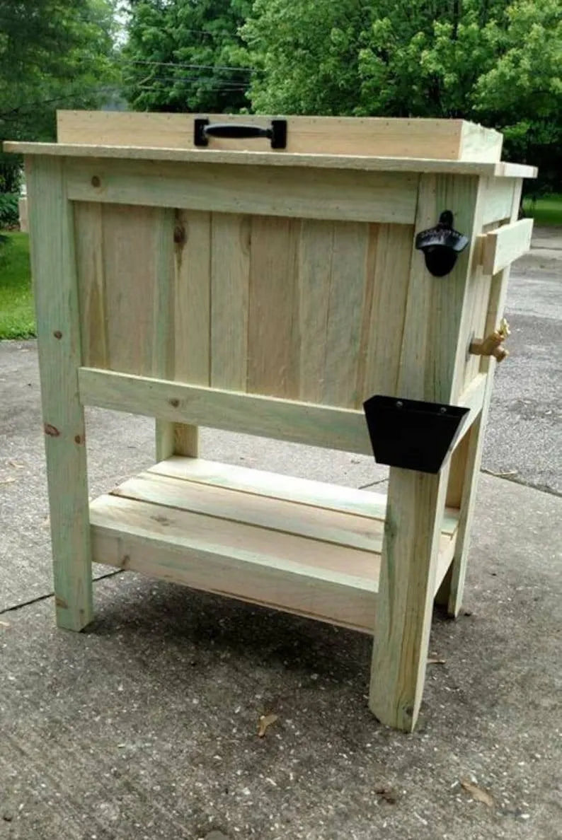 All Weather 48 Quart Antiqued Cedar Cooler Stand with Brass Drain, Bottle Opener and Cap Catcher, Beer Cooler.