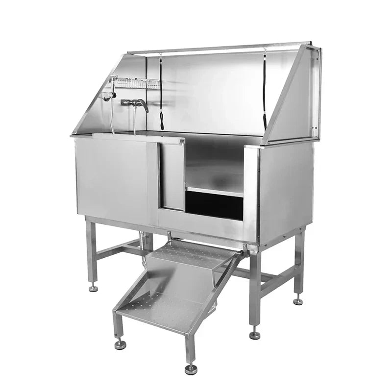 Professional Stainless Steel Dog Grooming Tub with Ramp, Faucet & Sprayer – 50” Pet Wash Station
