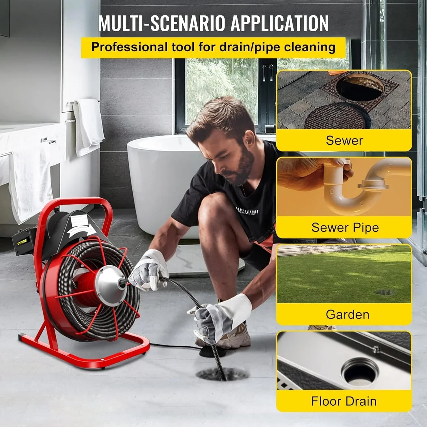 Electric Drain Cleaner Machine by Brand, 75 Ft x 3/8 Inch, Fits 1-4 Inch Pipes, Portable with 4 Cutters, Powerful Plumbing Tool for Clogs