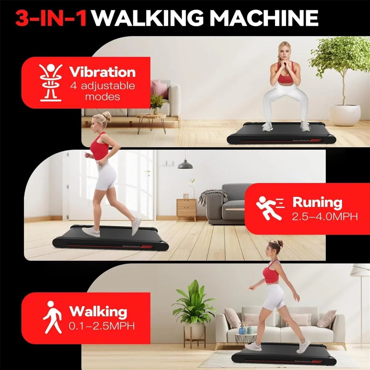 Walking Vibration Pad with APP, 3 in 1 Under Desk Treadmill, 2.5HP Low Noise Walking Treadmill Pad with Remote Control,Portable Treadmills for Home Office