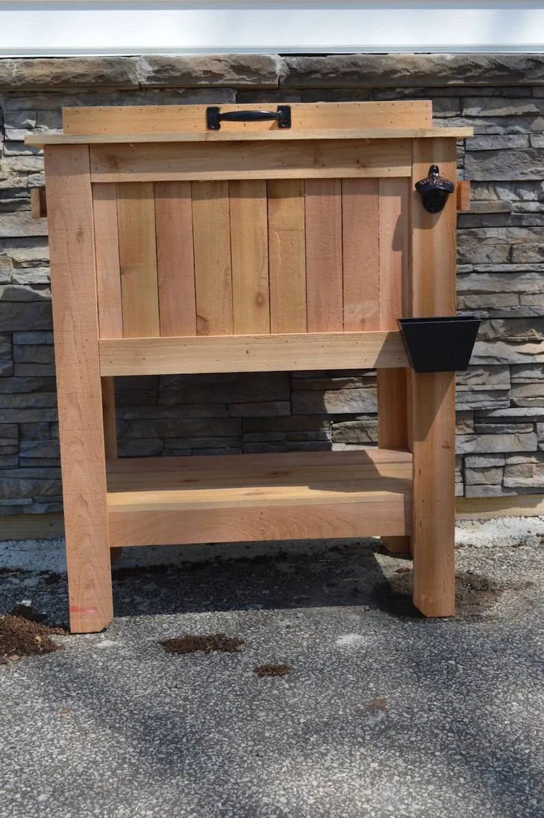All Weather 48 Quart Antiqued Cedar Cooler Stand with Brass Drain, Bottle Opener and Cap Catcher, Beer Cooler.