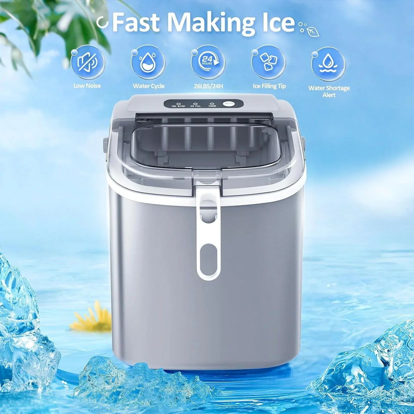 Nugget Ice Makers Countertop, Pebble Ice Machine with Chewable Pellet Ice, 34Lbs/24H, Self-Cleaning, Sonic Ice, One-Click Operation, for Kitchen,Office Stainless Steel Black