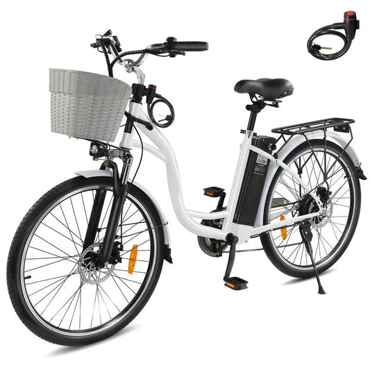 350W Electric Commuter Bike for Adults, 26′′ Cruiser Ebike with 36V 12.5AH Removable Battery, Shimano 6-Speed, Dual Shock Absorber, Basket