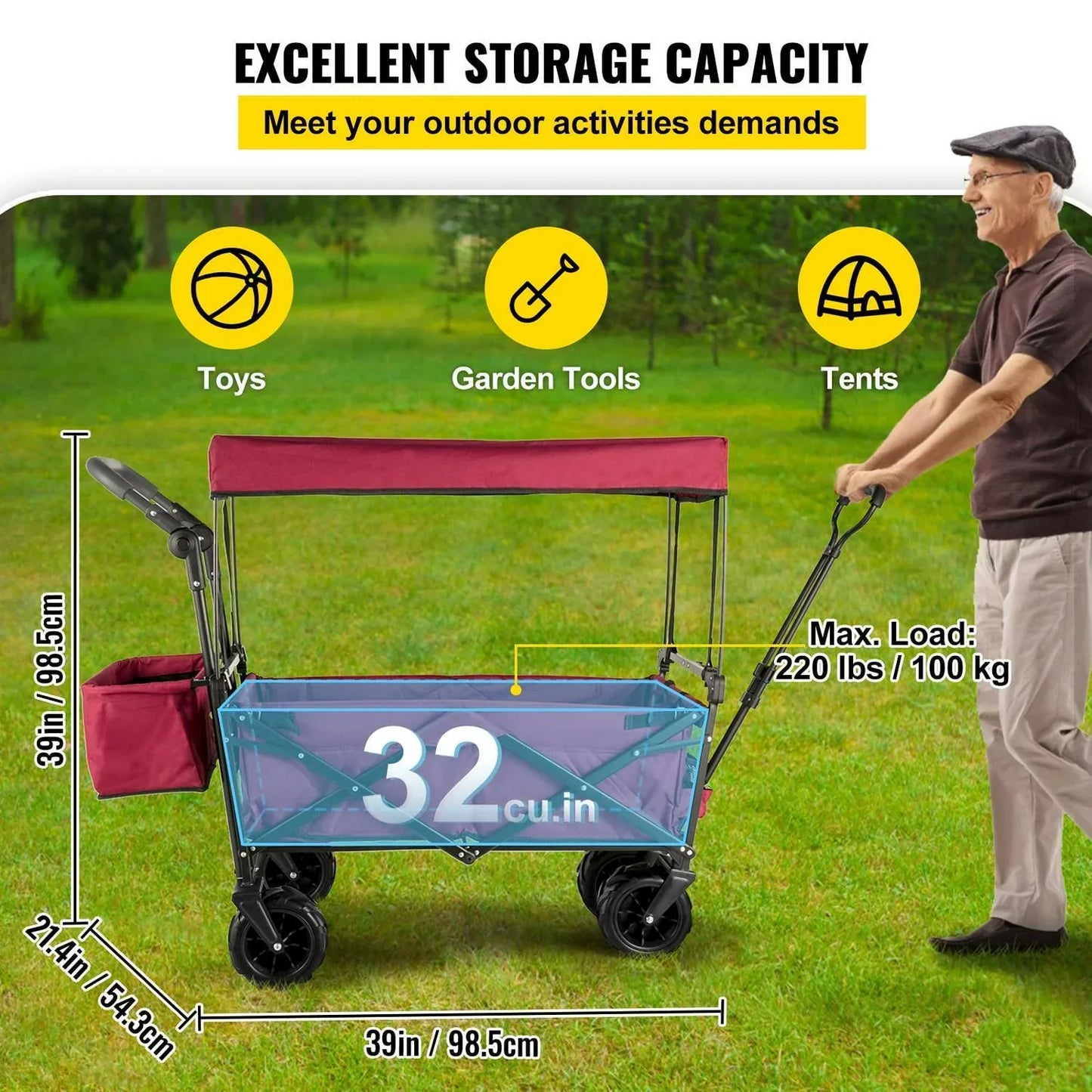 Red Collapsible Wagon Cart with Canopy, 360° Wheels, Adjustable Handles, 220 lbs Capacity for Beach & Garden