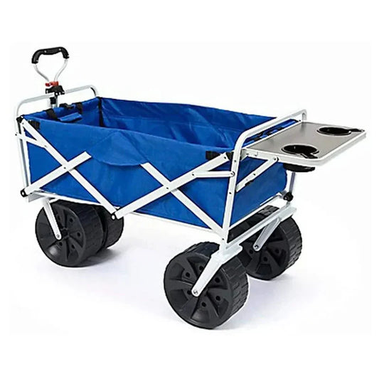 All Terrain Beach Wagon with Side Table|Heavy Duty Collapsible Folding Cart with Large Wheels for Beach Day, Picnic, Camping, Outdoor Activities | Blue/White