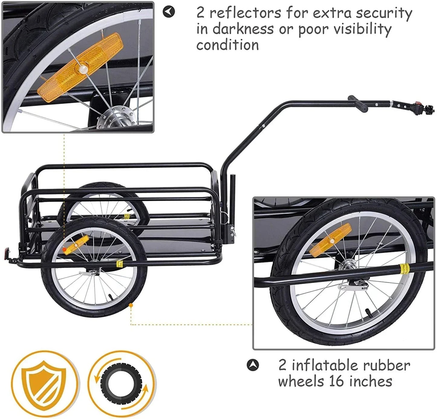 Foldable Bike Cargo Trailer, 80lbs Capacity, 16′′ Wheels, Black, with Hitch