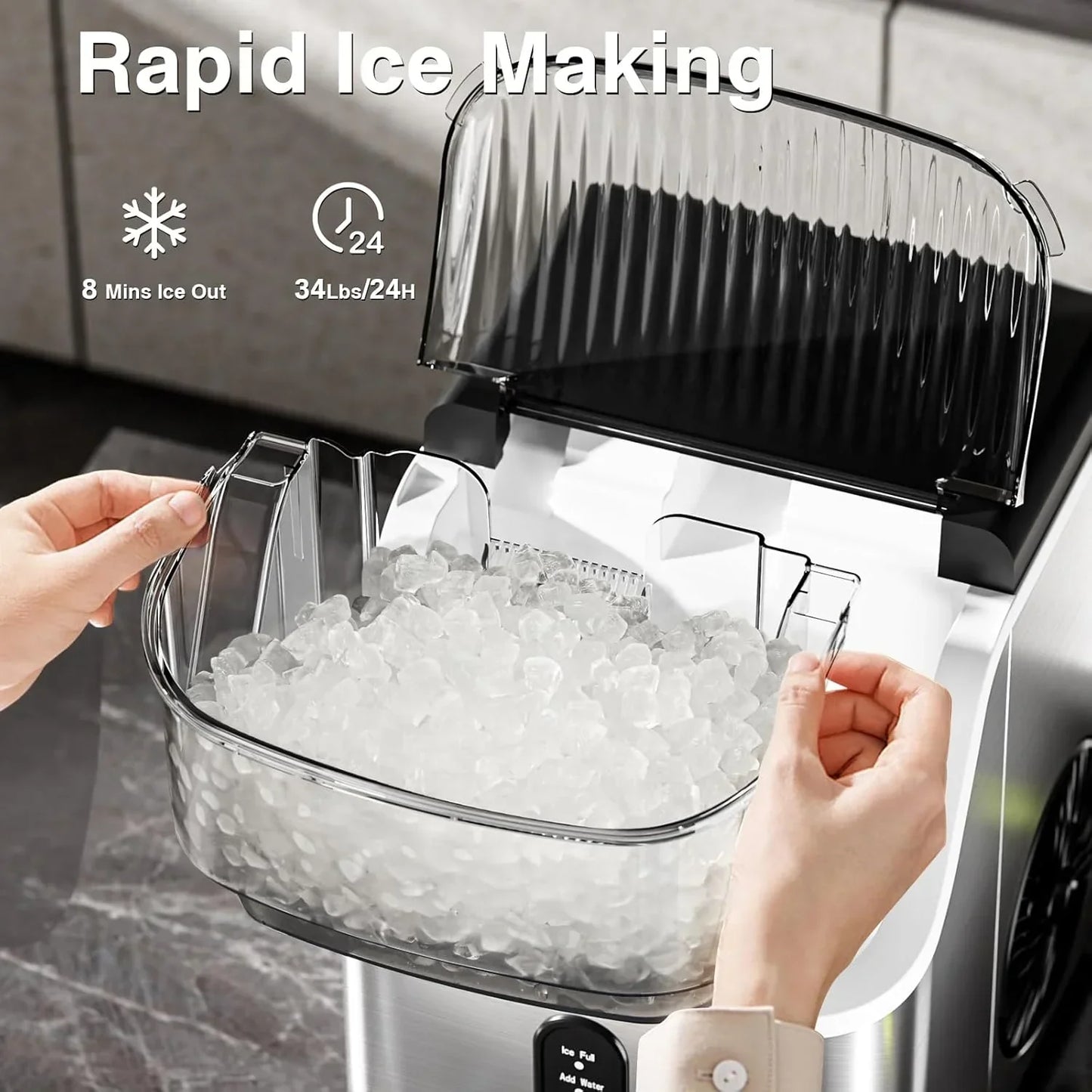 Nugget Ice Makers Countertop, Pebble Ice Machine with Chewable Pellet Ice, 34Lbs/24H, Self-Cleaning, Sonic Ice, One-Click Operation, for Kitchen,Office Stainless Steel Black