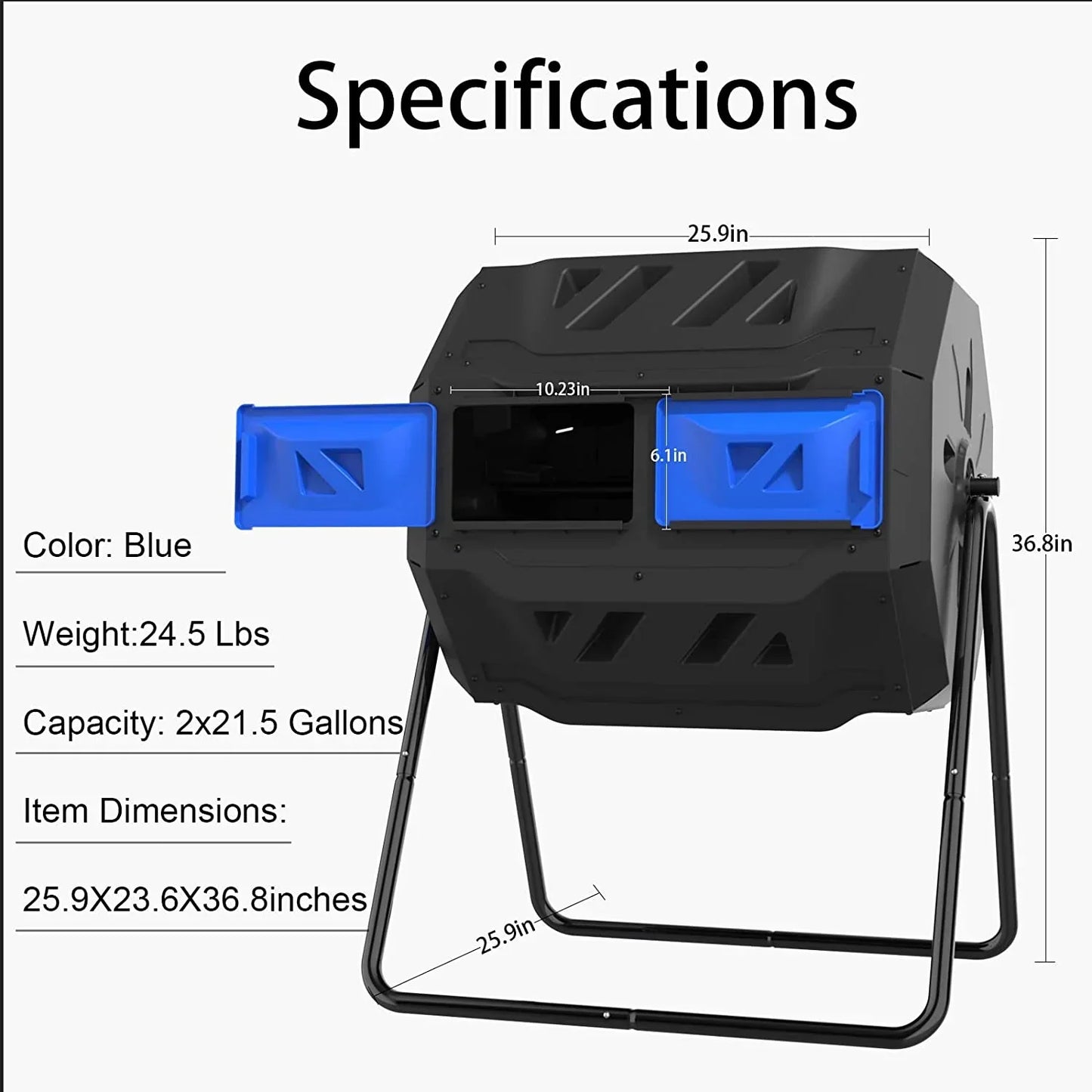 Large Compost Tumbler Bin Dual Compartment Better AirCirculation Efficient Compost BPA Free Sturdy Steel Frame 43Gallon (2 21.5Gal) Blue Door