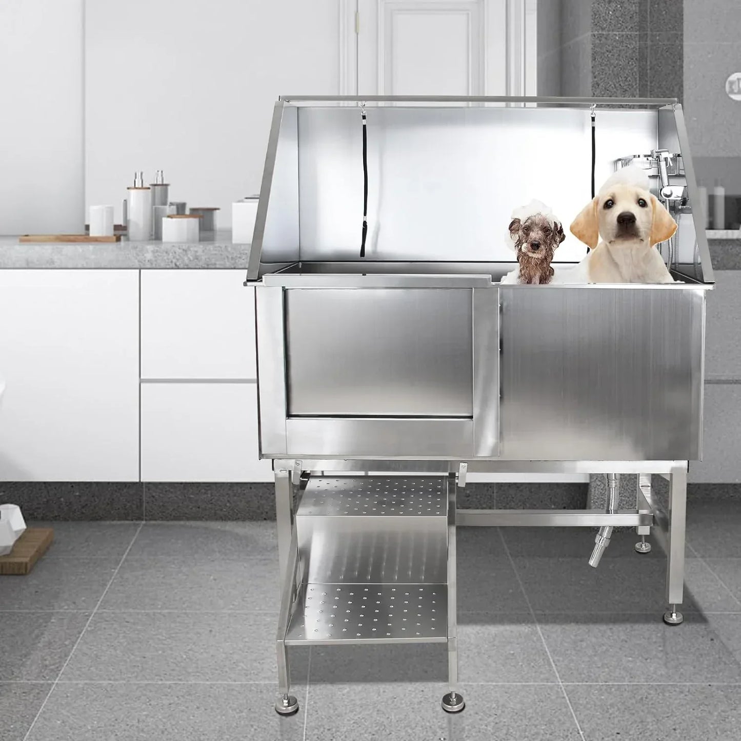 Professional Stainless Steel Dog Grooming Tub with Ramp, Faucet & Sprayer – 50” Pet Wash Station