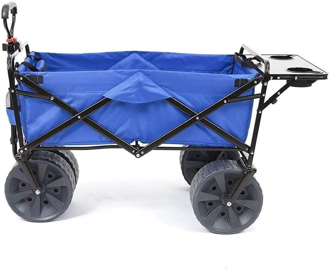 All Terrain Beach Wagon with Side Table|Heavy Duty Collapsible Folding Cart with Large Wheels for Beach Day, Picnic, Camping, Outdoor Activities | Blue/White