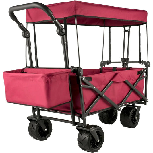 Red Collapsible Wagon Cart with Canopy, 360° Wheels, Adjustable Handles, 220 lbs Capacity for Beach & Garden